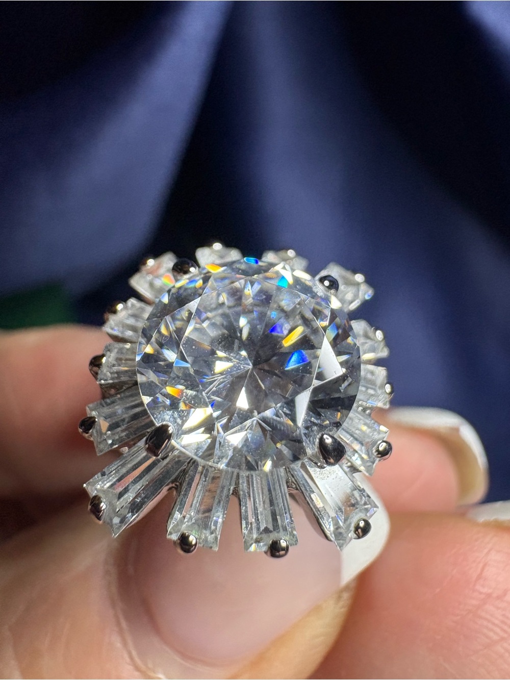 Ring 925 Sterling Silver Cubic Zirconia Starburst Cocktail Sparkling - Picture 5 of 11